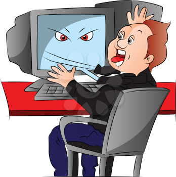 Vector illustration of shocked boy attacked by his computer.