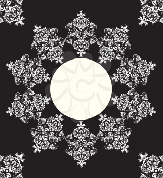 Vintage invitation card with ornate elegant abstract radial floral design, white on black. Vector illustration.