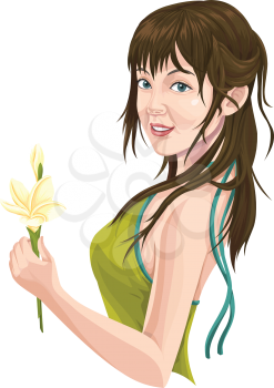 Vector illustration of happy and beautiful young woman holding a flower.