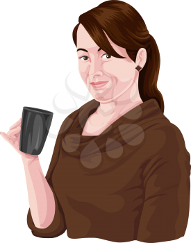 Vector illustration of woman holding coffee mug.