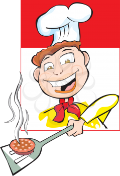 Cooking a Burger Patty, Happy Employee Wearing Yellow Uniform with Red Tie and Chef's Hat, vector illustration