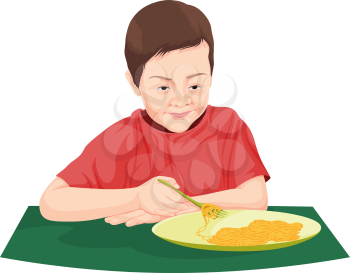 Vector illustration of boy eating noodles.