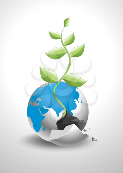 Vector illustration of broken earth with new plant growing out of it.
