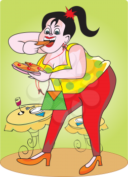 Fat girl, with pie and drink, in a restaurant, vector illustration