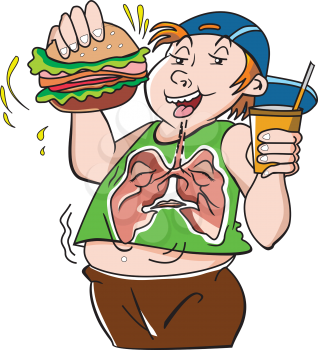 Fat Teenager, with Hamburger Sandwich and Drink, Bad for the Lungs, vector illustration