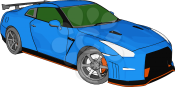 Blue race car with green windows and orange detailes and grey rear spoiler vector illustration on white background