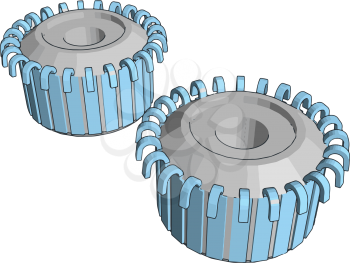 3D vector illustration on white background of two  blue and grey gear wheels