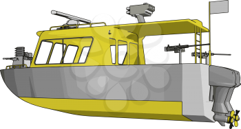 3D vector illustration on white background of a grey and yellow military boat