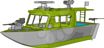 3D vector illustration on white background of a grey and green military boat