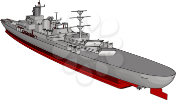 3D vector illustration of a long red and grey military war ship on a white background
