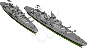 3D vector illustration of a two long grey military ships on a white background