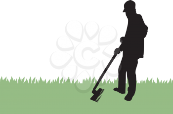 Gardener raking grass, black silhouette, vector illustration