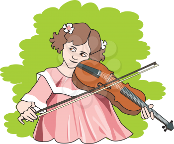 Girl playing the violin, pink dress, with flowers in her hair, vector illustration