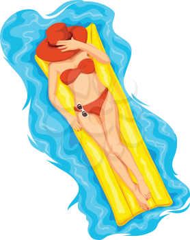Vector illustration of woman sunbathing on pool raft in swimming pool.
