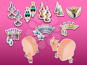 Jewelry, tiaras, earrings, bracelet and ring, vector illustration