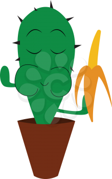 Cactus eating banana vector or color illustration