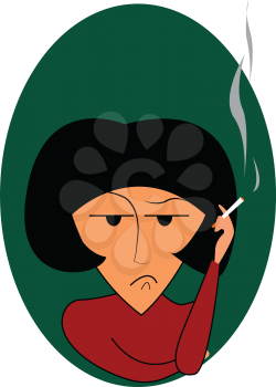 A disturbed woman is smoking cigarette vector or color illustration