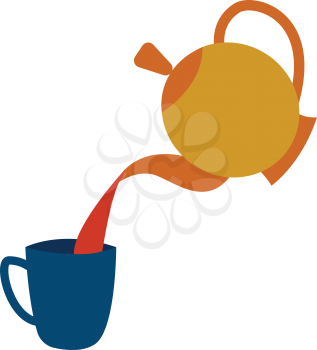 A drawing of tea poured into a blue cup from a yellow and orange teapot vector color drawing or illustration 