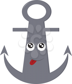 A grey-colored anchor with a cartoon face and a tongue hanging out vector color drawing or illustration 
