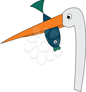 A white crane with a long neck and a long orange beak holding a green fish in its beak vector color drawing or illustration 