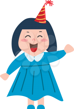 A happy girl dressed in blue with a red and yellow cone-shaped hat vector color drawing or illustration 