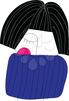 A portrait of a woman with cropped hair one eye pink cheek has partially covered her face in a blue-colored pillow with black stripes vector color drawing or illustration 