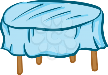 A brown table with a blue tablecloth and four visible table legs vector color drawing or illustration 