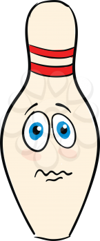 A yellow bowling pin with a worried face having two red circular ribbons around its neck vector color drawing or illustration 