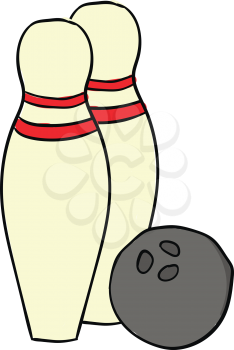 A grey bowling ball next to two yellow bowling pins with two red ribbons on the neck each vector color drawing or illustration 