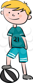 A blonde boy with a green shirt numbered 21 blue shorts and grey shoes with one foot on a black and white ball He has also placed his hands in the pant pockets vector color drawing or illustration 