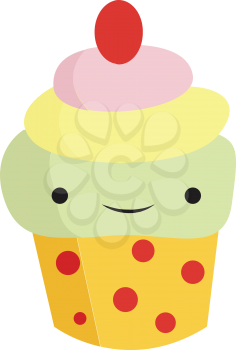 A brown cupcake with chocolate chips on the top placed in a green holder vector color drawing or illustration 