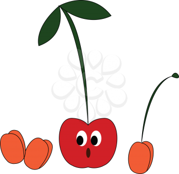 A small red cherry with a stem and two leaves having a surprised expression on the face vector color drawing or illustration 