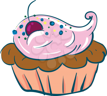 A brown and pink cupcake with lavender colored icing blue and yellow sprinkles and a purple cherry on the top vector color drawing or illustration 