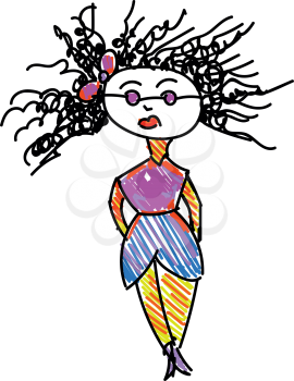 A drawing of a lady with curly hair colorful clothes purple sunglasses and a bow on the head vector color drawing or illustration 