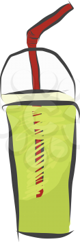 A disposable cup of healthy fresh green juice with a red straw vector color drawing or illustration 