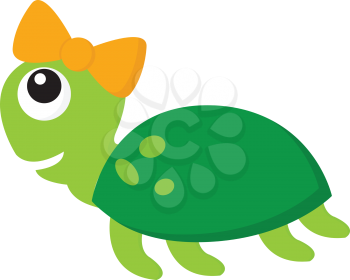 Female green turtle with a yellow bow on the head swimming in the ocean vector color drawing or illustration 