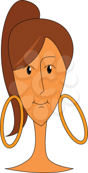 A girl with brown hair tied up in a ponytail wearing big oval earrings vector color drawing or illustration 