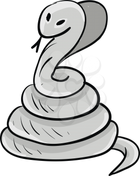Light grey Indian cobra with black eyes curled up in the grass vector color drawing or illustration 