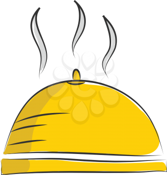 A yellow-colored giant bowl filled with steaming food and covered with a dome-shaped lid vector color drawing or illustration 