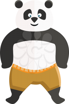 A big Kungfu panda with an inverted triangular-shaped nose gives a broad smile in a standing position vector color drawing or illustration 