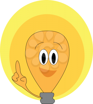 A brown-colored cartoon light bulb enclosed in two spheres laughs as it points its index finger to the ceiling vector color drawing or illustration 