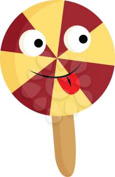 A colorful circular-shaped lollipop has eight segments of alternate red and yellow triangles and a brown-colored flat stick It has big eyes and tongue hanging outside vector color drawing or illustration 