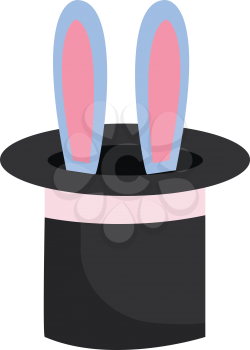 A black-colored magician's hat displays only the ears of a rabbit that is in blue and pink color vector color drawing or illustration 