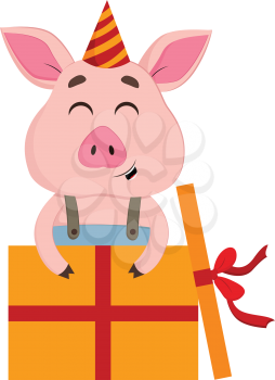 A cute little cartoon pig with a party hat smiles as it holds gifts wrapped with golden-colored decorative papers and tied with a bow like a red ribbon vector color drawing or illustration 