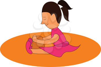 Clipart of a cute little kid in a high ponytail pink gown and shoes sits and enjoys building a castle as she sits along the beach vector color drawing or illustration 