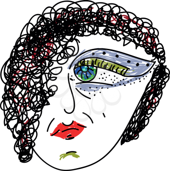 Line art of Earth woman with a big eye and frowned face is with curly hair and painted her lips in red vector color drawing or illustration 