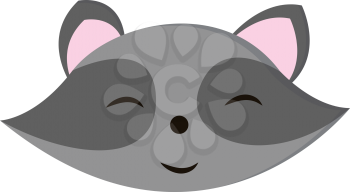 Cartoon of the face of a grey-colored raccoon with rose ears is smiling while eyes closed vector color drawing or illustration 
