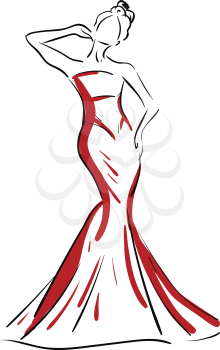 A silhouette of a beautiful woman in red-colored maxi gives a pose by raising her right hand close to her ears vector color drawing or illustration 