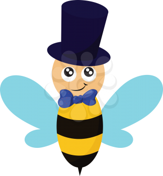 Honeybee in a cute cartoon wearing a blue hat and a blue tie vector color drawing or illustration