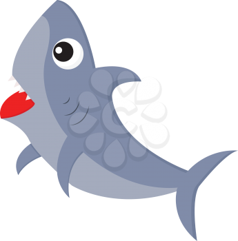 A ferocious blue-colored cartoon shark with its spiky teeth exposed is swimming towards the surface of the ocean vector color drawing or illustration 